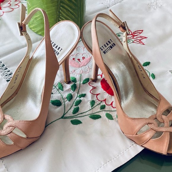 Pink Silk Stuart Weitzman Open Toe Slingback Heels - Picture 5 of 16